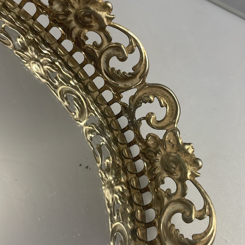 Vintage Mirror Vanity Tray 14” Ornate Reticulated Brass Gold Tone Oblong - Picture 3 of 8